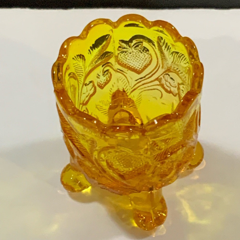 Kanawha Inverted Strawberry Toothpick Holder Footed Amber Vintage Glass - Picture 2 of 4